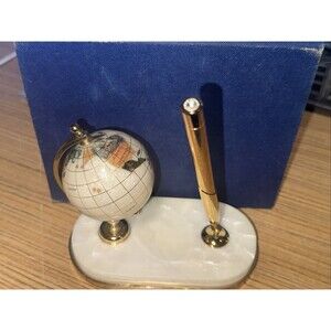 Globe on Pedestal with Pen and Pen Holder And Box Gold Tone Pen And Holder